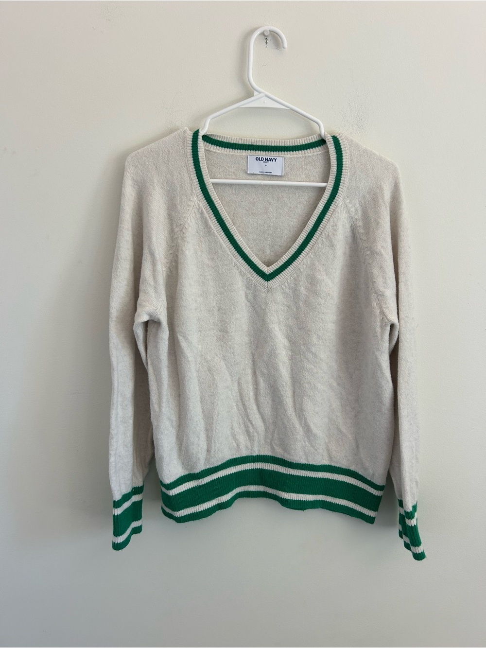 Old Navy Cream V-Neck Sweater with Green Stripe Trim
